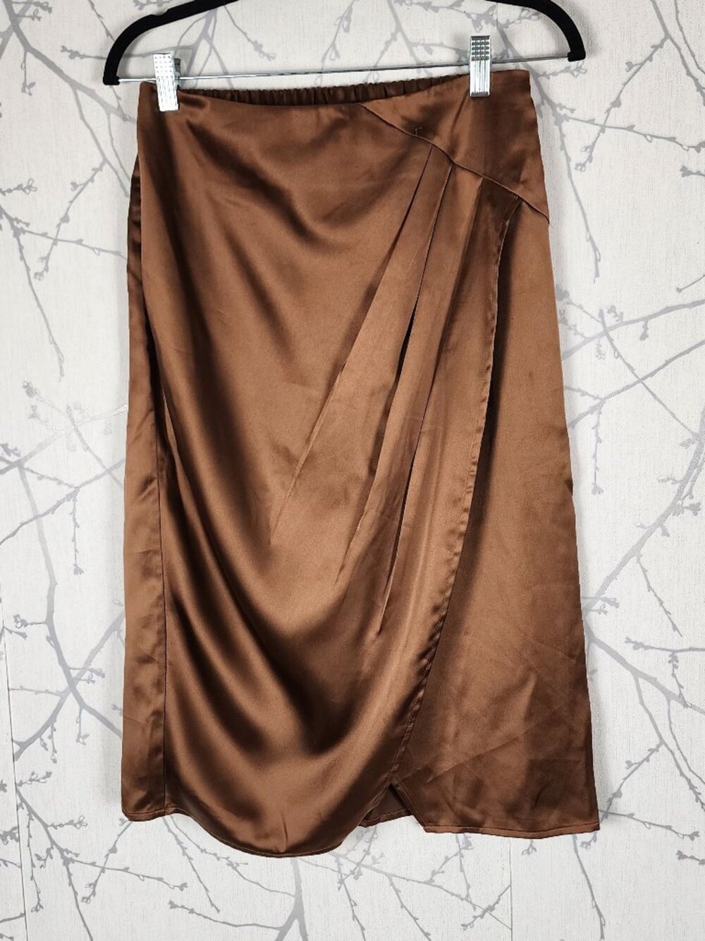 RO&DE Copper Satin Elastic Waist Pleated Faux Wrap Tulip Skirt